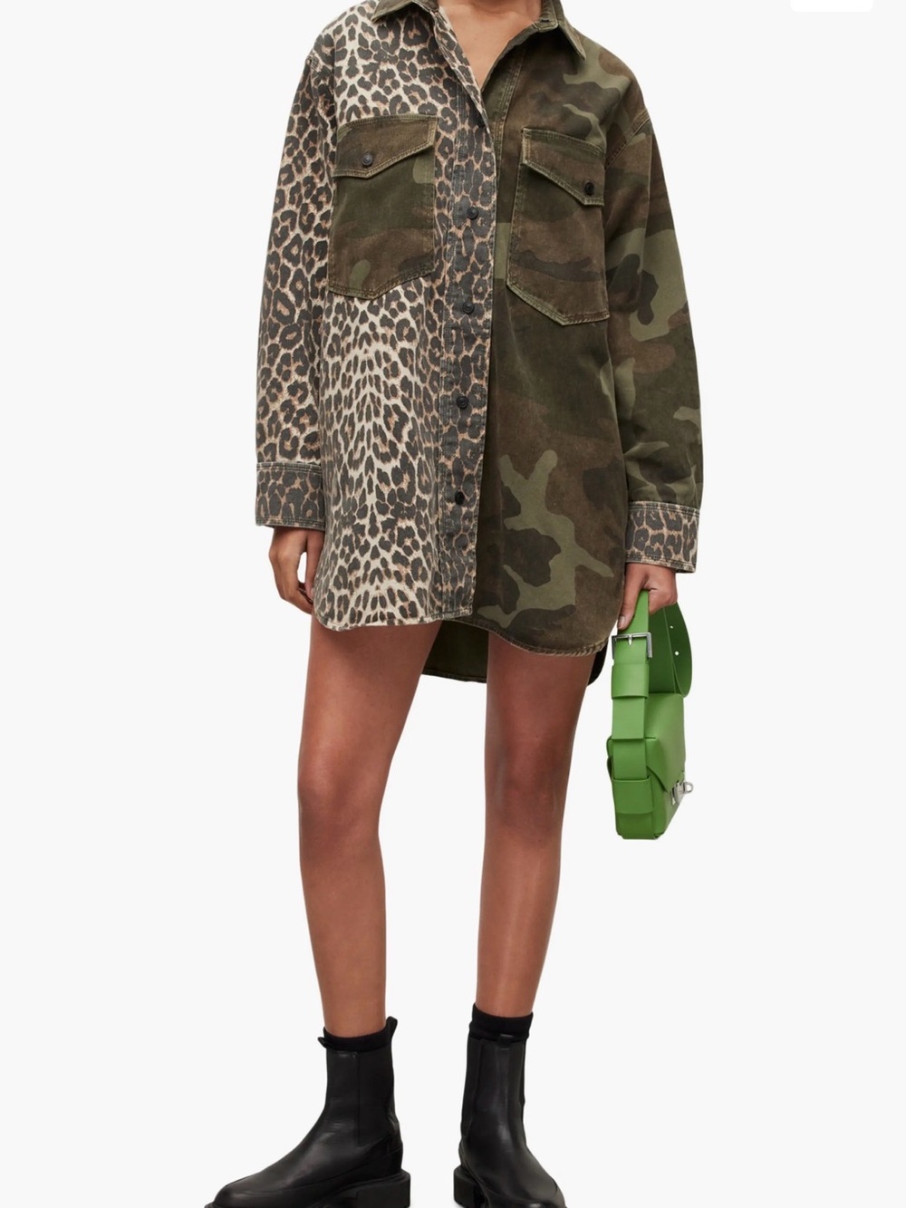 AllSaints Lily Oversized Olive Camo & Leopard Shacket Dress